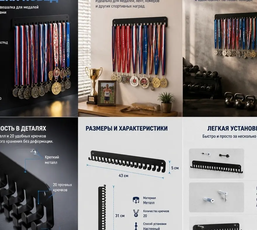 Wall Mounted Medal Display Rack with 20 Sturdy Hooks Metal Frame Perfect for Athletes Runners Soccer Gymnastics Ribbons Bibs