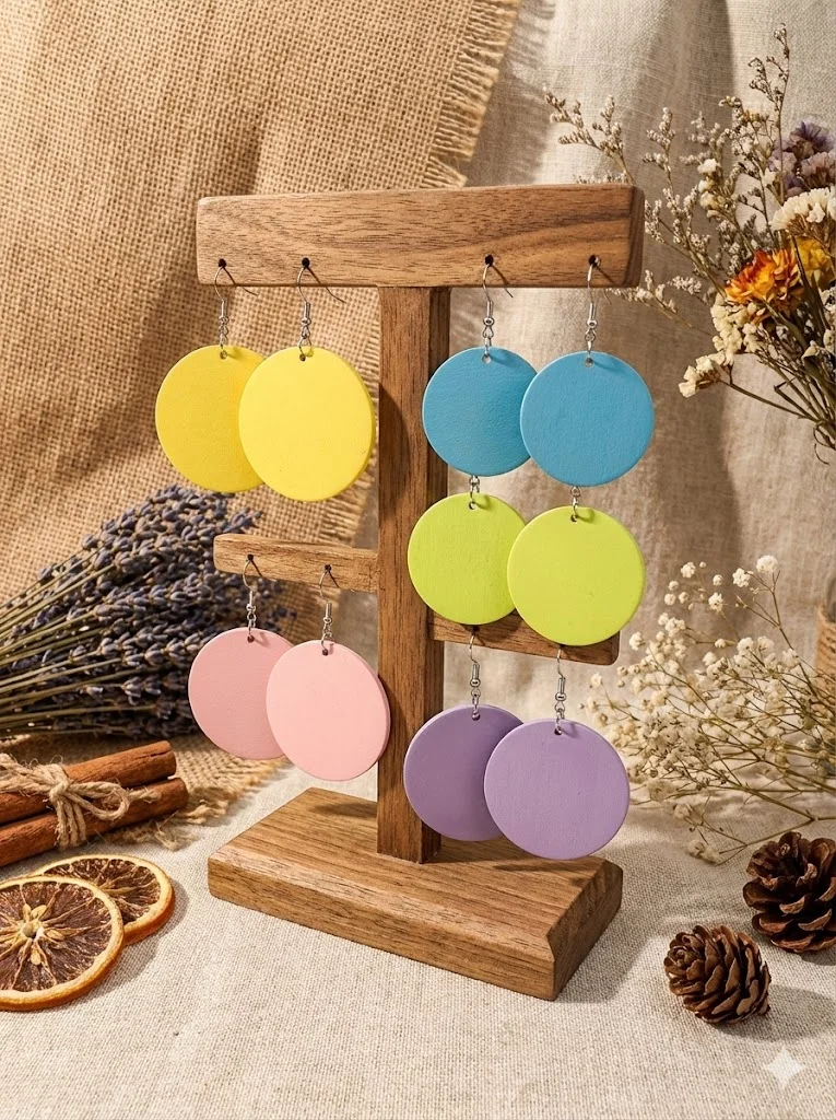 5 Pairs/Set, Women's Earrings, Colorful Large Round Geometric Wooden Earrings, Simple Retro Cute Vacation Style Earrings, Suitable for Daily Wear, Parties, Gift Giving, and Any Occasion