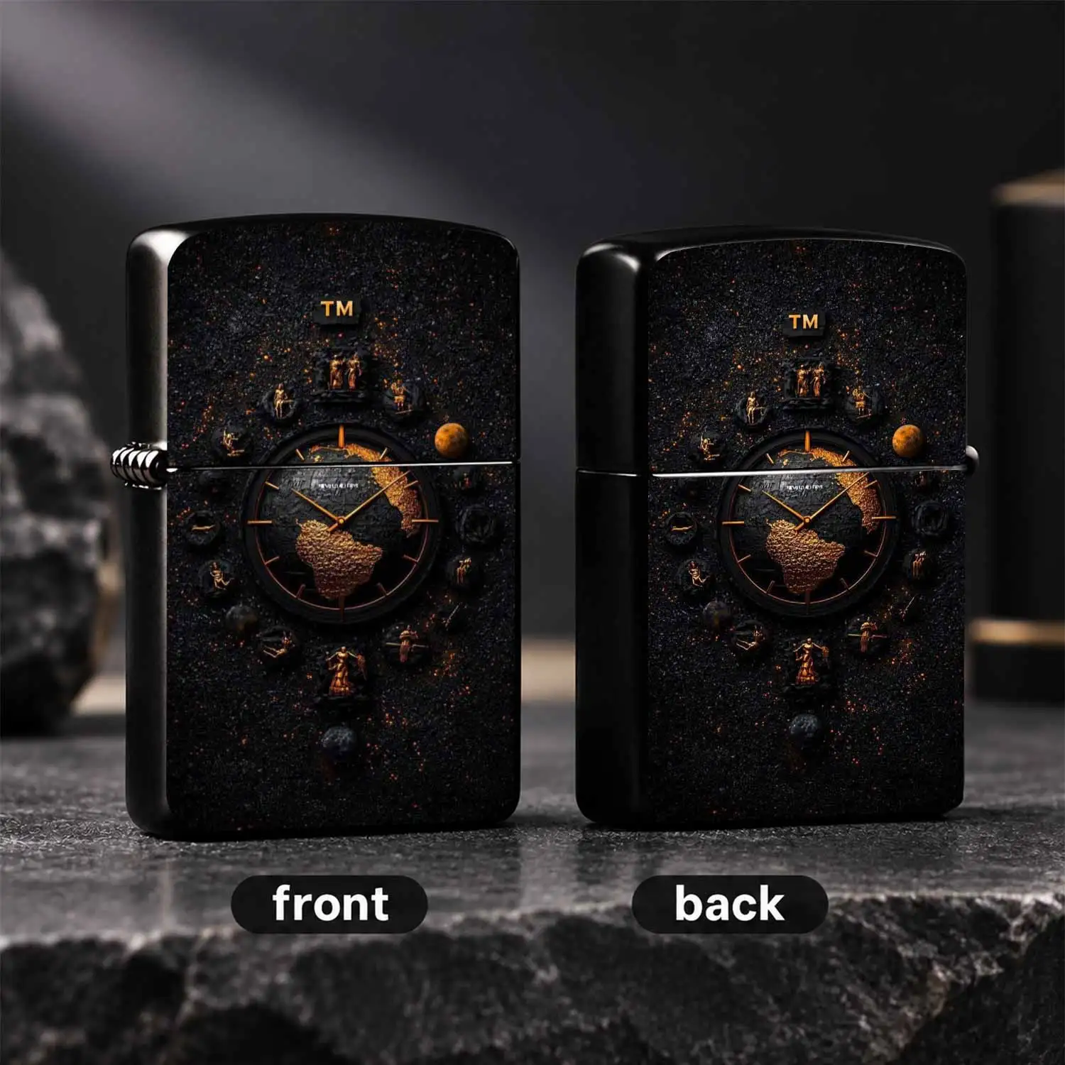 Creative Black Gold Embossed Clock Ornament Artistic Earth Pattern Retro Light Luxury Accessory Full-Scene Exquisite Gift Personalized Trend Desktop Collectible Practical Portable Present A Humorous And Interesting Lighter