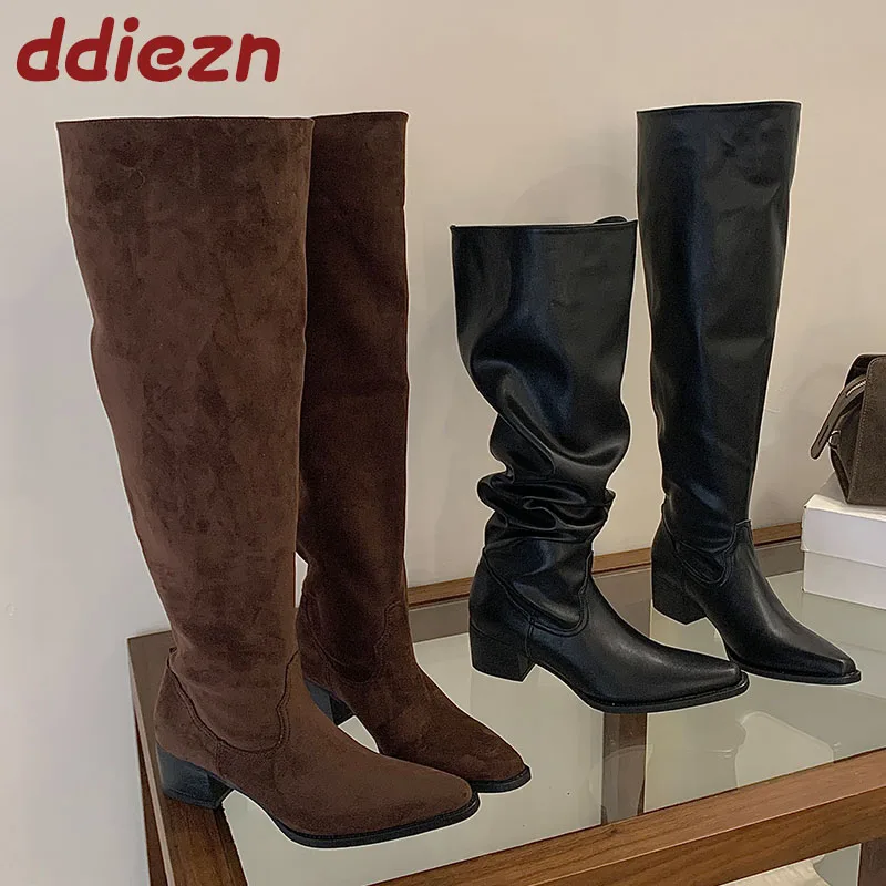 

Новая женская обувь на квадратном каблуке, женские длинные сапоги с острым носком, модные плиссированные женские сапоги до колена, туфли без шнуровки