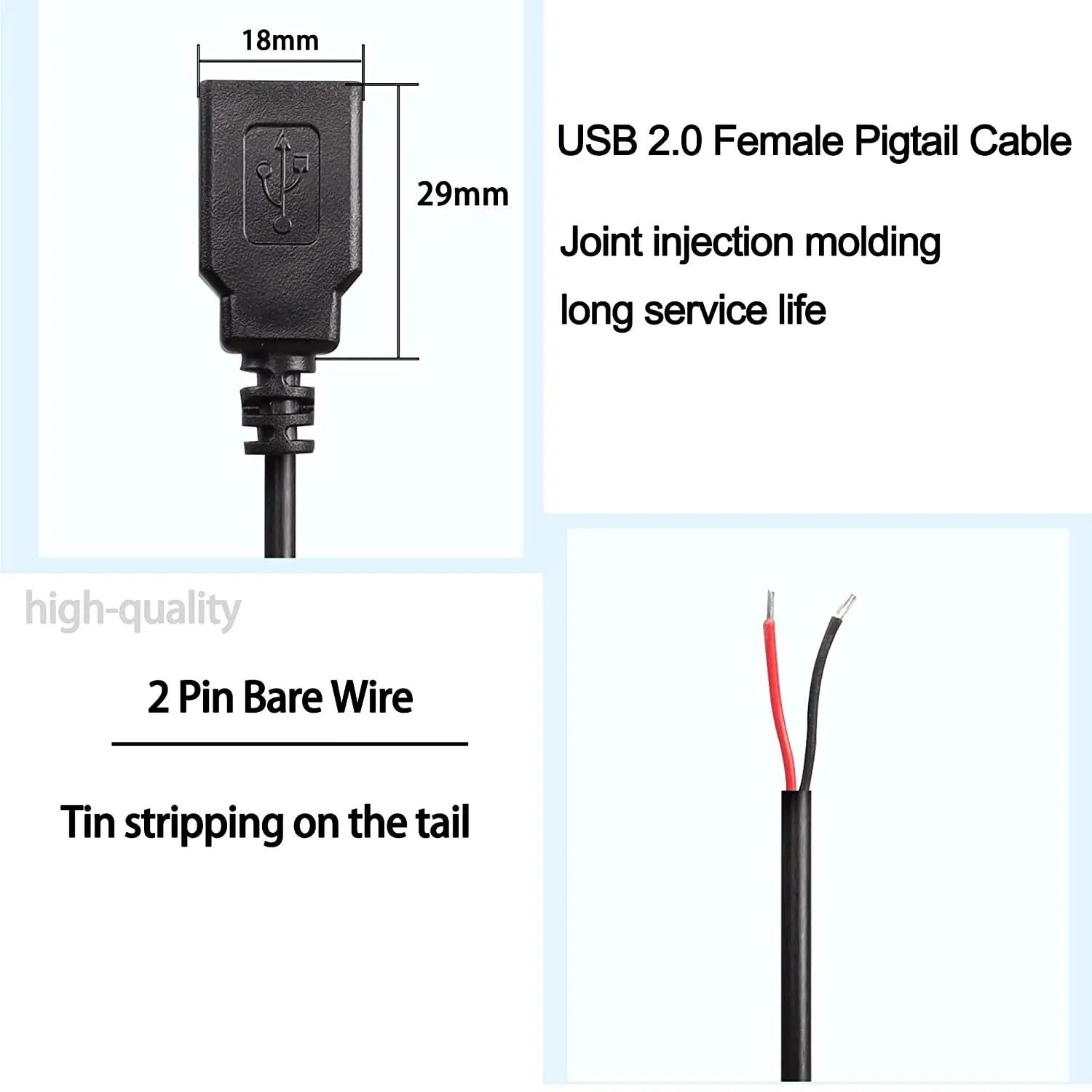 2pcs/lot USB  Female Pigtail Cable Extension Power Cable 22AWG 5V 3A Socket to 2 Pin Bare Wire Open End Connector for DIY-2 Pcs