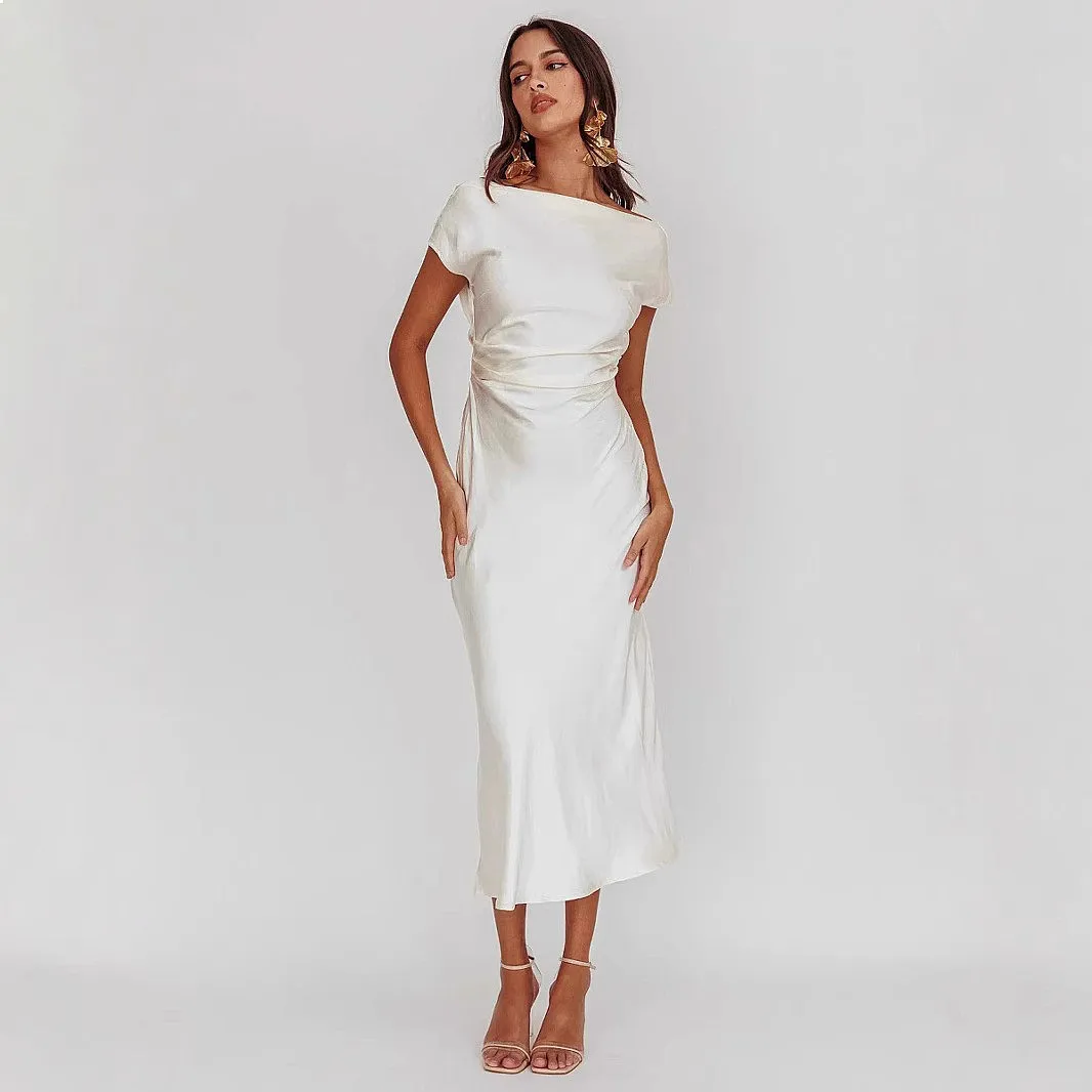 Satin Bodycon One Shoulder Backless Fishtail Long Dress, Elegant Evening Dresses for Women Spring Summer