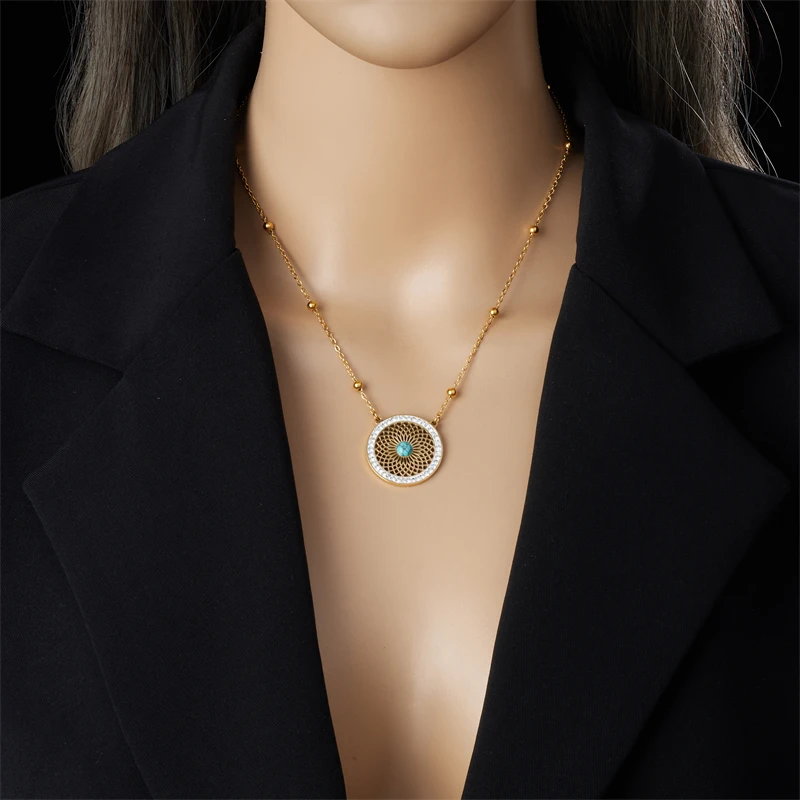 DIEYURO 316L Stainless Steel Turquoise Hollowed Out Leaves Golden Necklace Earrings Girl 2024 New Fashion Jewelry Set Party Gift