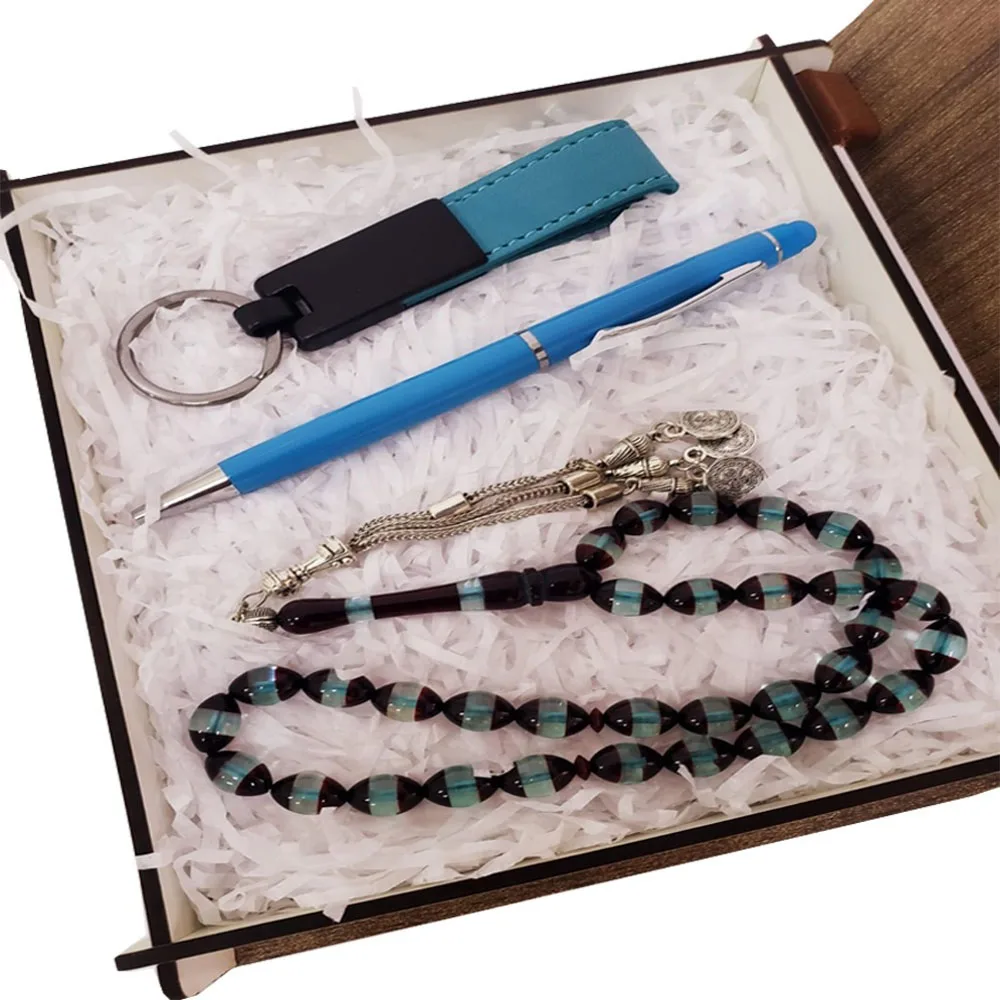 Blue Leather Keychain Pen And Dust Amber Rosary Set