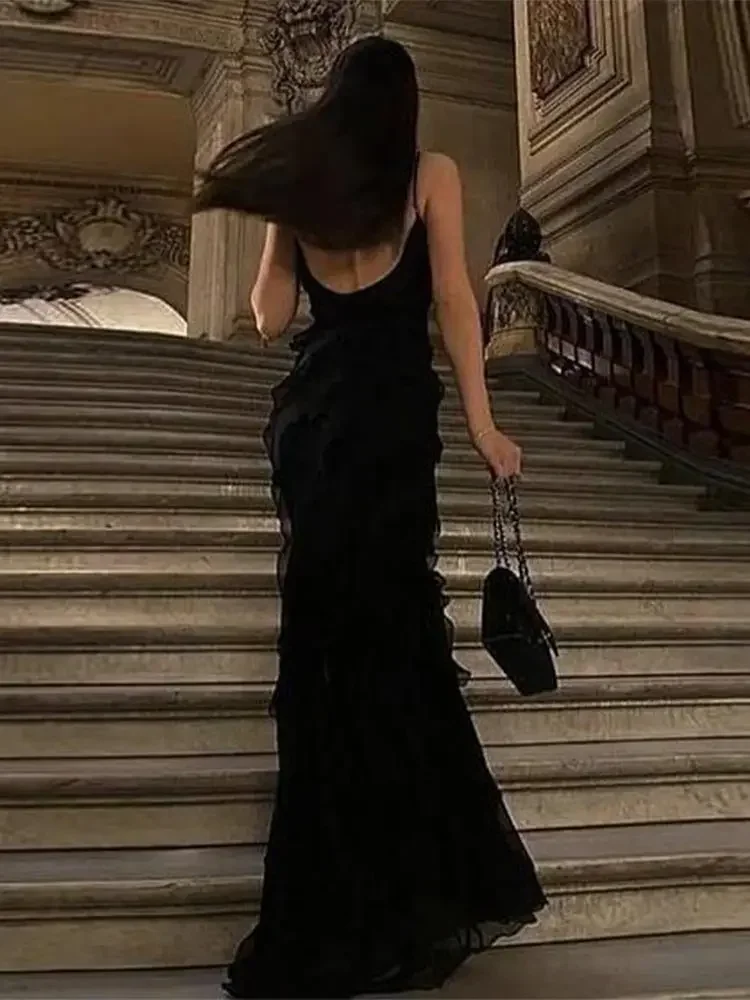 Women Black Stacked Ruffle Hem Long Dress sexy Sleeveless Backless Chiffon V-Neck Dresses 2024 New Lady Vacation Vestidos