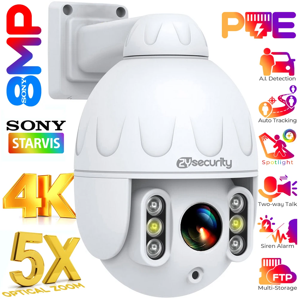 4K 8MP 5X Optical Zoom PoE PTZ IP Camera Outdoor Surveillance Camera Human/Vehicle Detection Auto Tracking CCTV Security Cameras