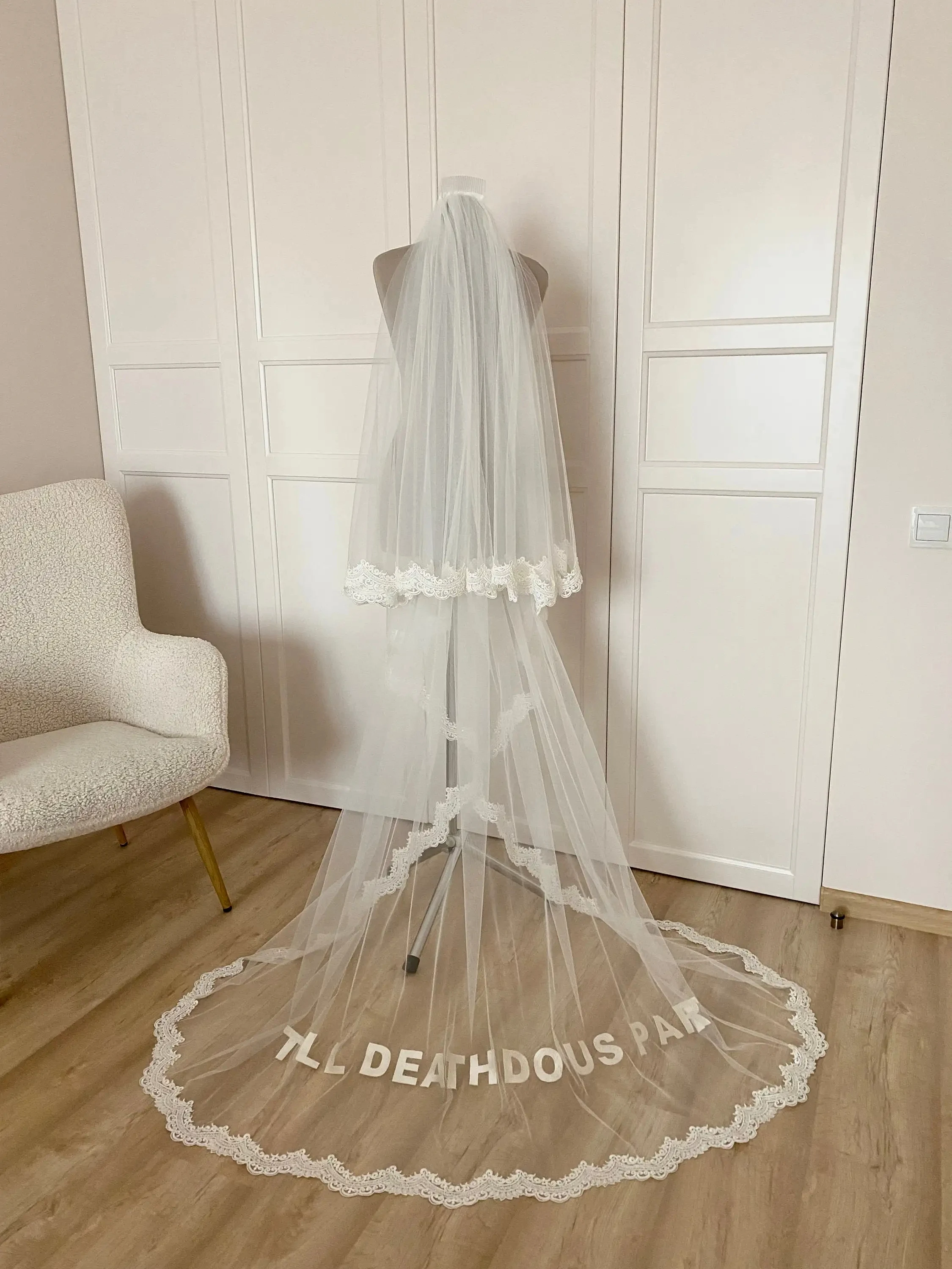 

Custom wedding veil with lace edged Personalized Embroidered Words Blusher Cathedral Long Bridal Veil Till Death Do Us Part