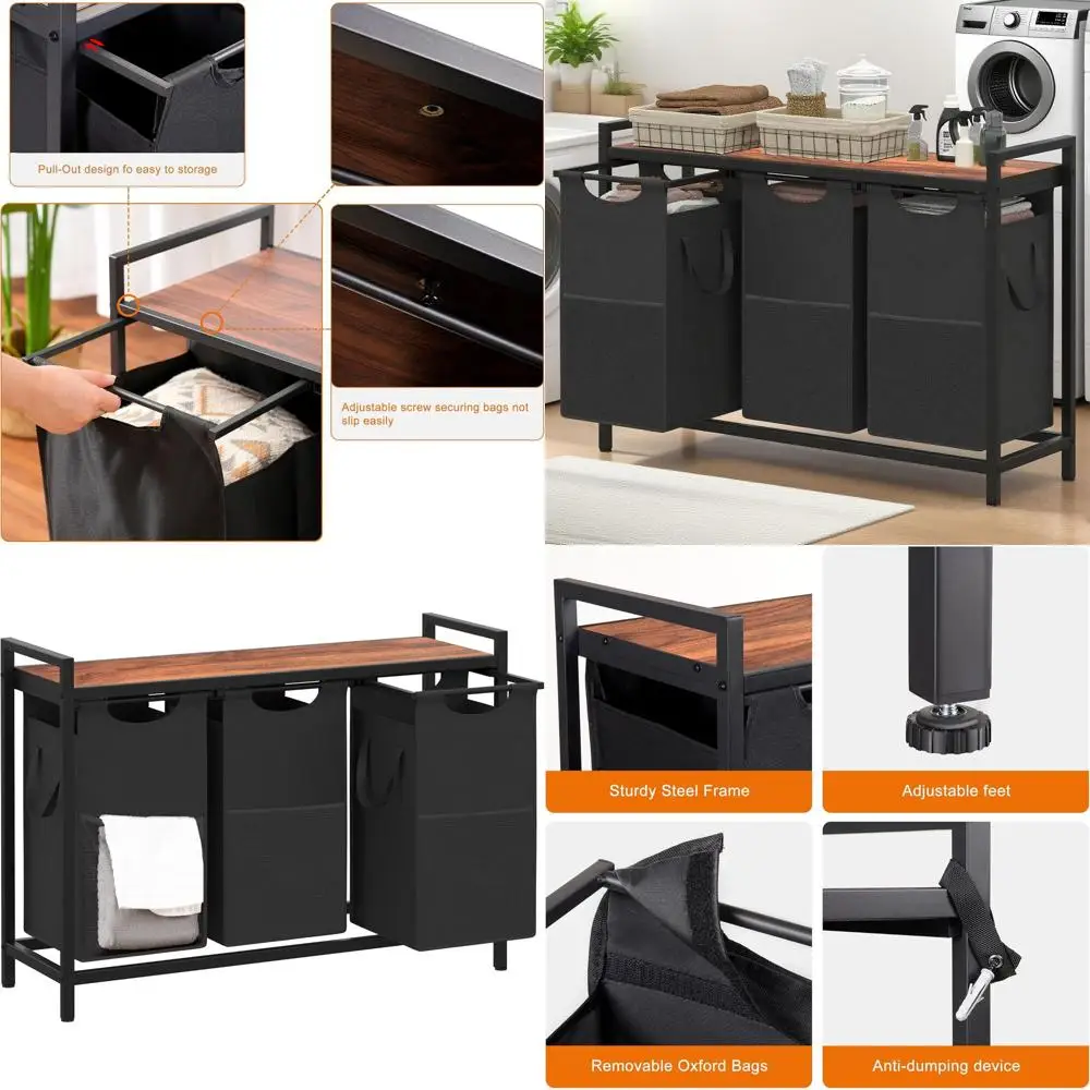 

Triple 15-Gallon Capacity Laundry Hampers with Desktop Sorter for Efficient Laundry Room Organization and Storage Solutions