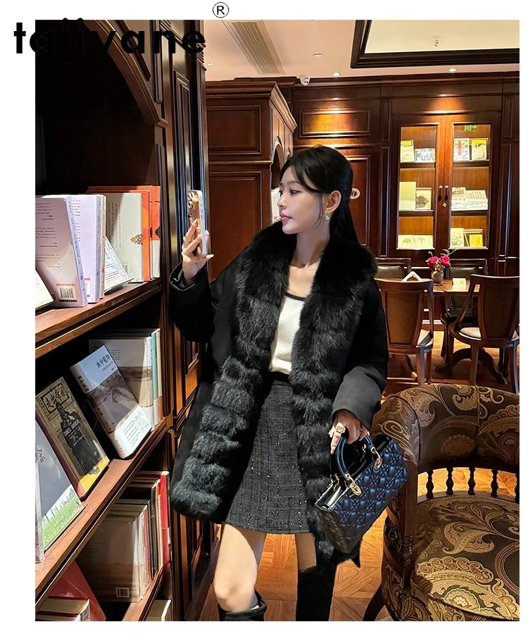 เสื้อโค้ทขนห่านสีขาวสำหรับผู้หญิง TAJIYANE แจ็คเก็ตขนสัตว์หรูหราสำหรับผู้หญิง เสื้อโค้ทหนังกลับอุ่นๆ เสื้อผ้าฤดูหนาวปี 2025 สำหรับผู้หญิง куртка женская