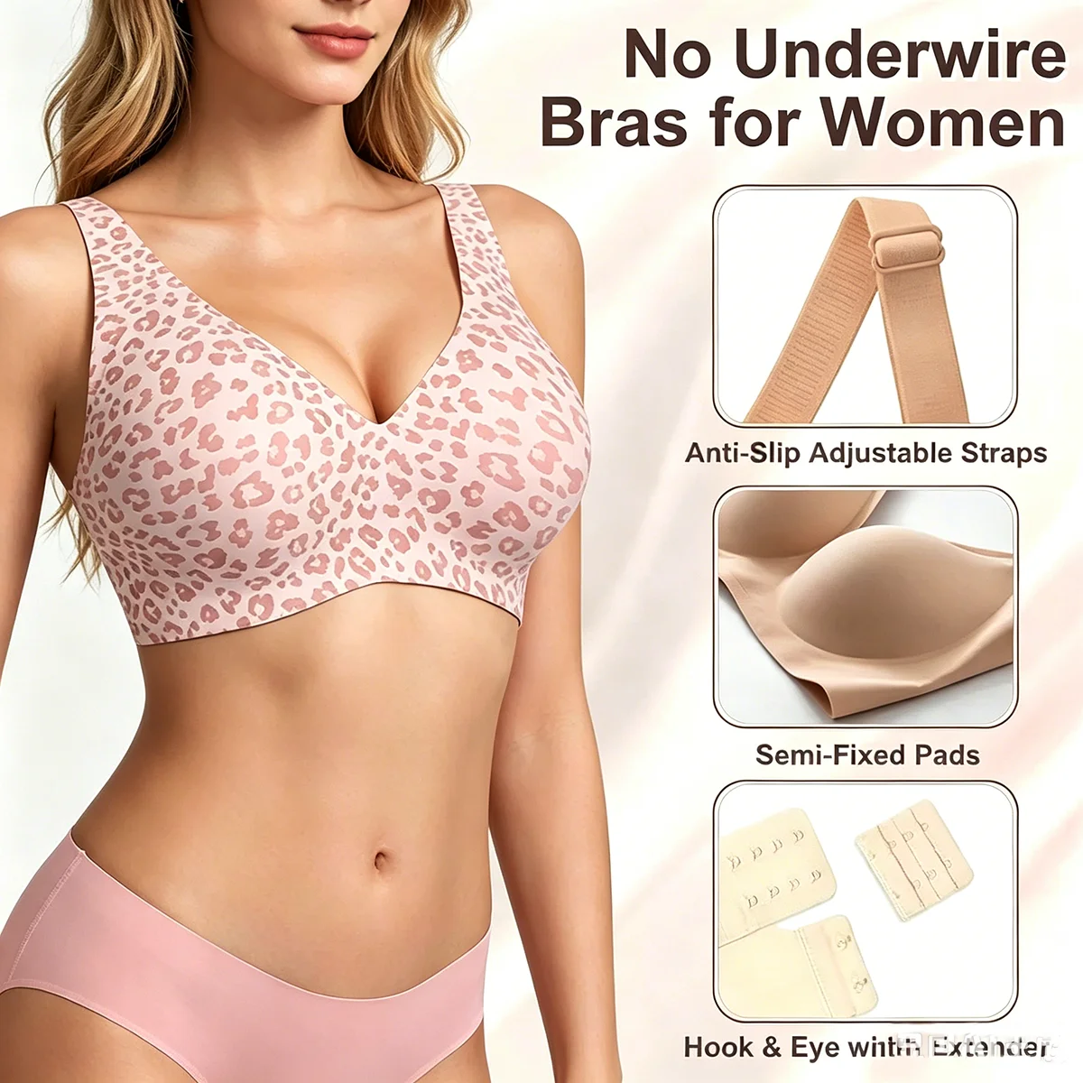 Sujetador sin costuras, sin aros, con soporte suave como la gelatina, fino, moldeado, con estampado de leopardo, cómodo y transpirable, con efecto push-up.