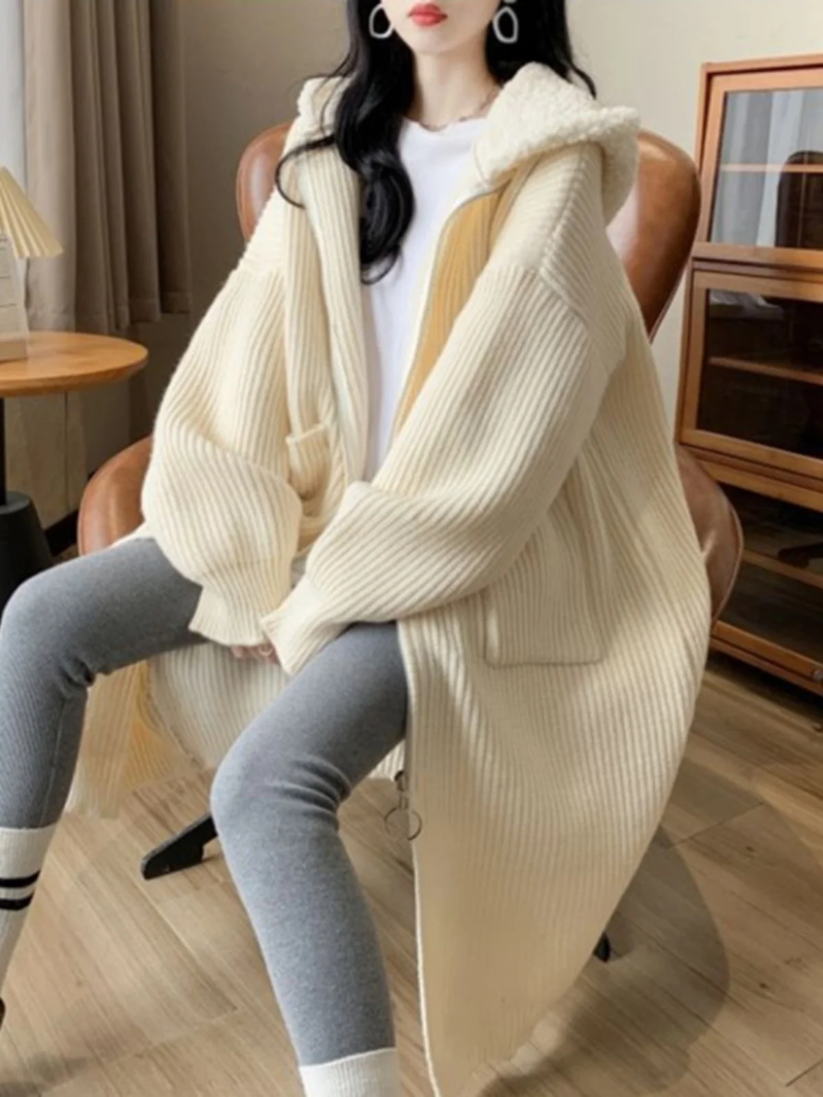 Plus Size Loose Plus size Chubby Girl Autumn and Winter Retro Idle Sle Knit cardigan Women Mid-Length New Hood Sweater Outerwear