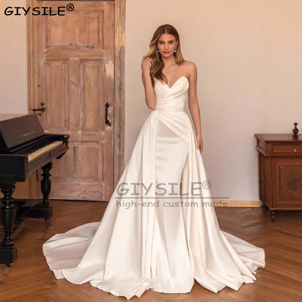 

GIYSILE Customized Satin Mermaid Wedding Dresses for Women New Detachable Train Strapless Simple Sexy Backless Vestidos De Noiva