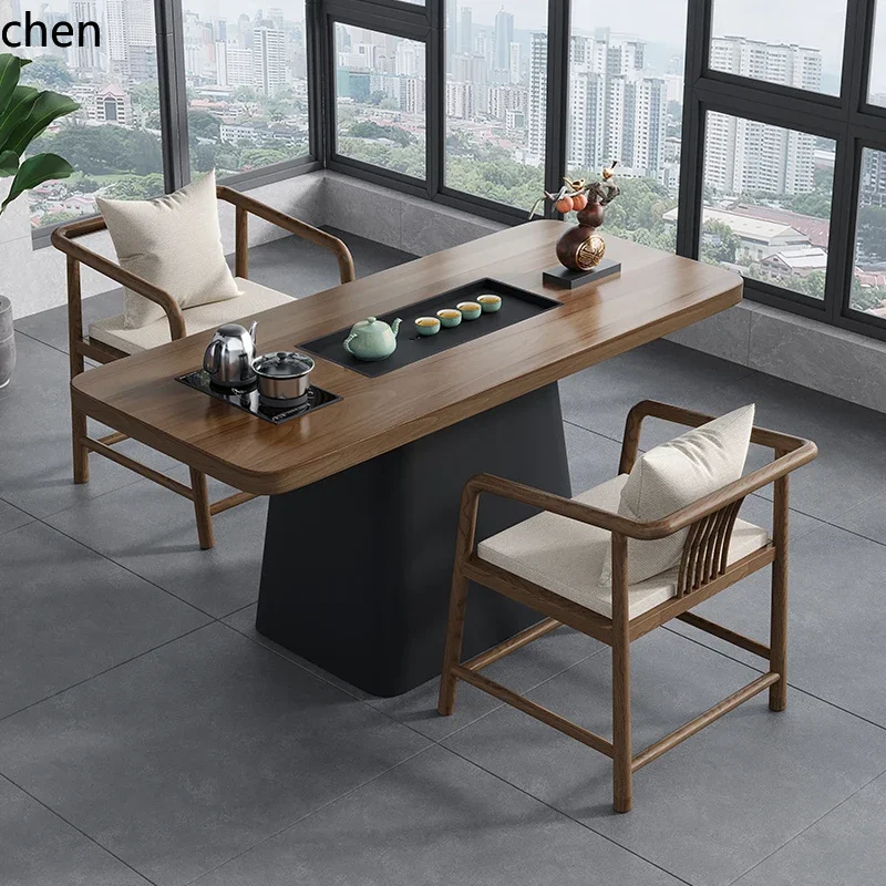 

HSN solid wood tea tray integrated tea table and chairs kung fu table zen balcony tea table