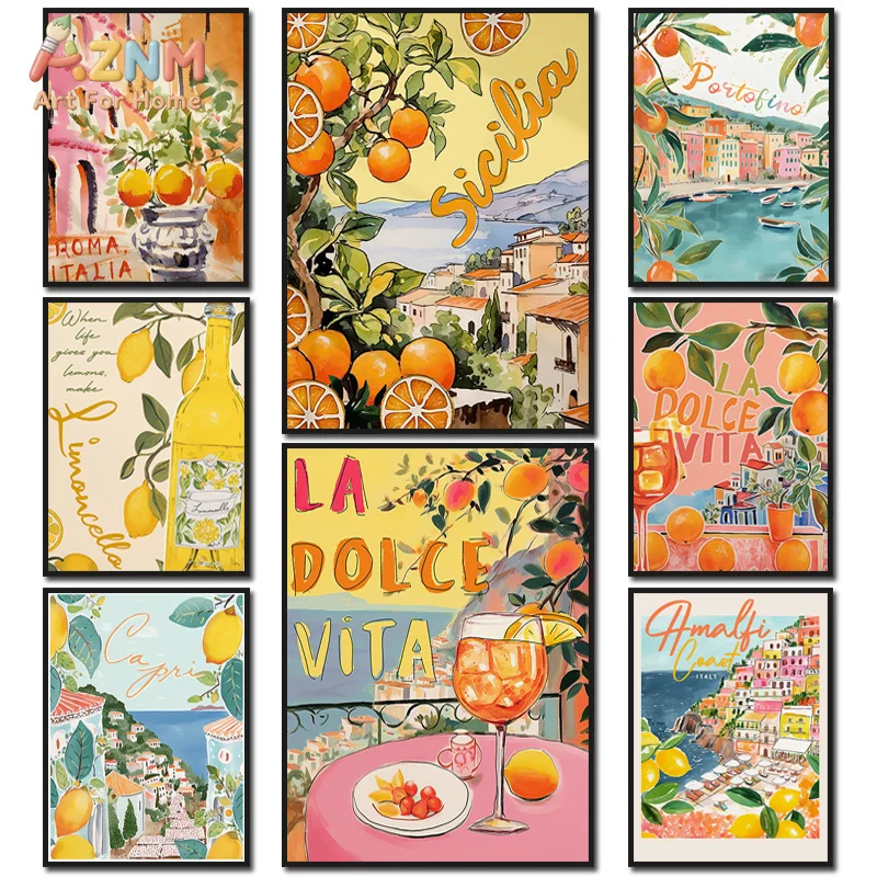 La Dolce Vita Lemon Posters and Prints Retro Spritz Canvas Painting Santorini Italy Travel Wall Art Poster Living Room Decor
