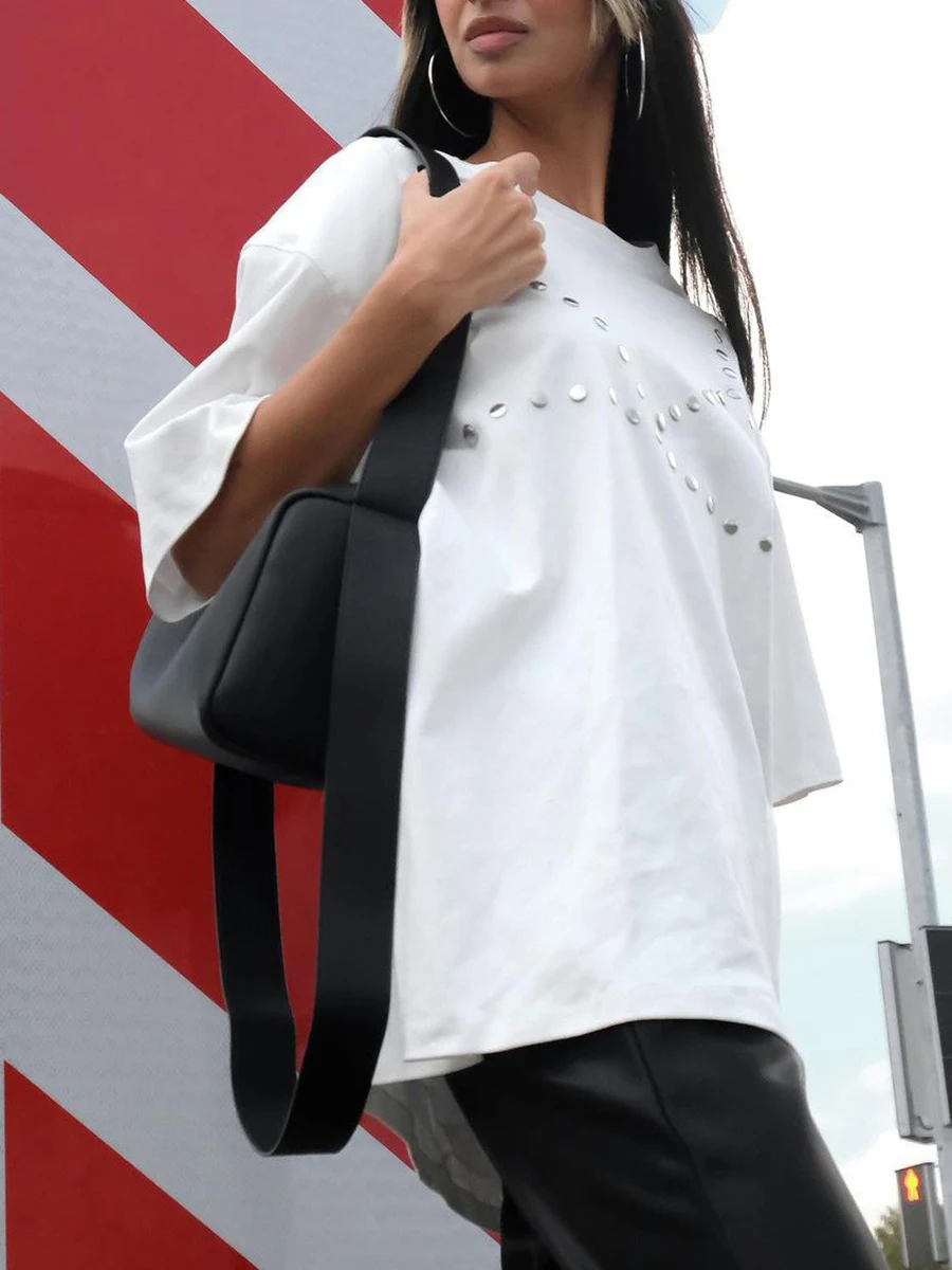 

Новые крутые футболки с заклепками и круглым вырезом, женская летняя повседневная свободная футболка в стиле преппи с коротким рукавом, женские винтажные милые шикарные топы Y2K, одежда