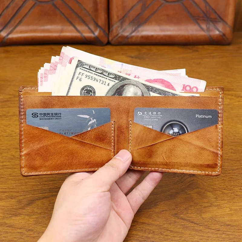 New Style Genuine Leather Wallet Women's Top Layer Cowhide Large Capacity Handmade Color Vegetable Tanned Leather Wallet for Men