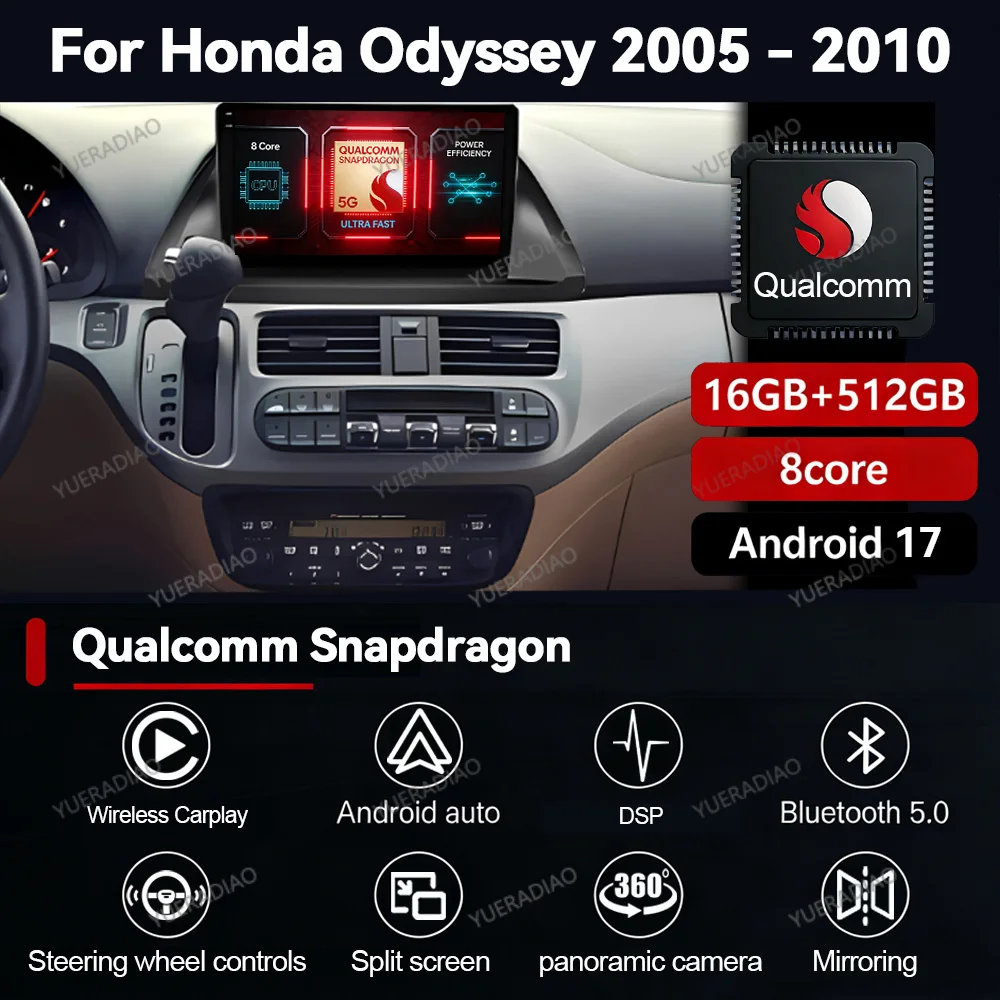 Radio para Auto Android 17 para Honda Odyssey 2005-2010, BT, Carplay, Reproductor Multimedia Estéreo, GPS, NAVI, Mirror Link, DVD