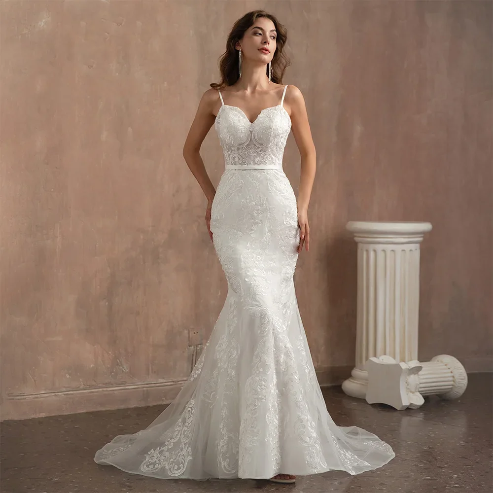 Elegante abito da sposa bianco con Spaghetti applique ricamo backless mermaid abito da sposa lungo fino al pavimento robe de mariée smileslimays