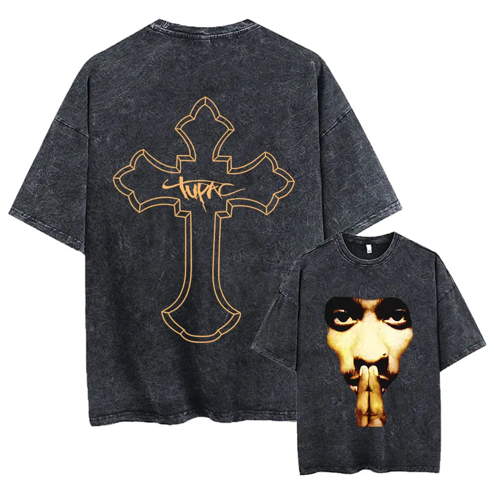 

Hot Sale Rapper Tupac 2pac Cross Washed Vintage T Shirts Men Hip Hop Oversized Streetwear Men's Summer Fashion Retro T-shirts