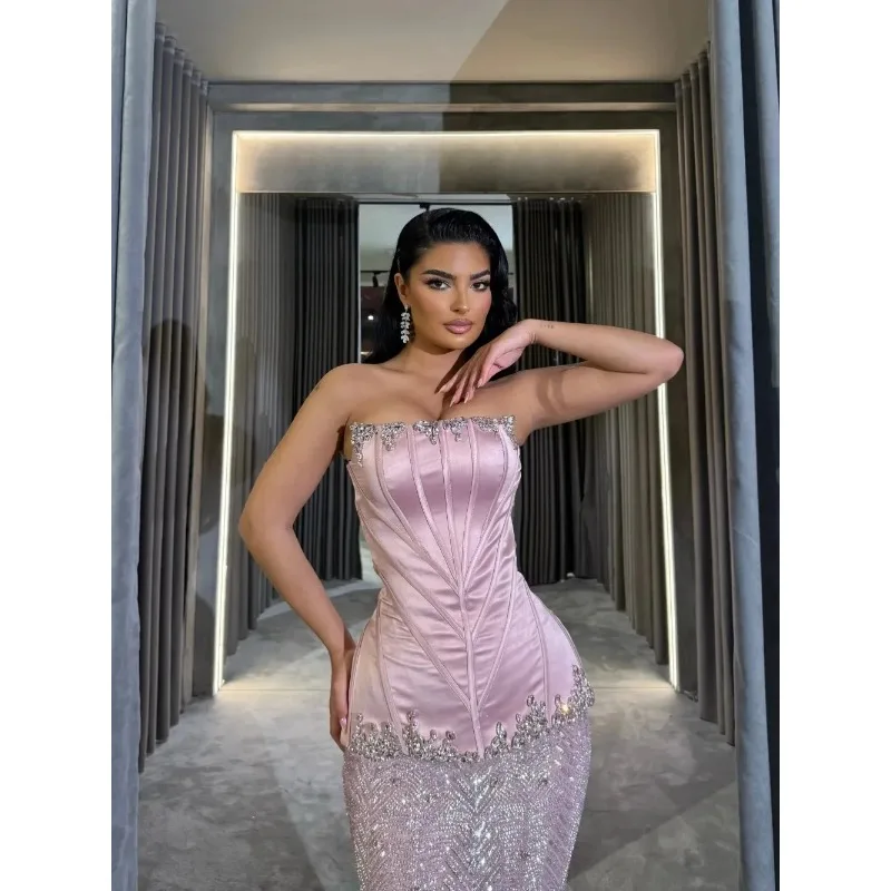 エレガントなストラップレスのスパンコール付きイブニングドレスセクシーなレースマーメイドウエディングドレスパーティードレス Vestdos De Fiesta カスタマイズ