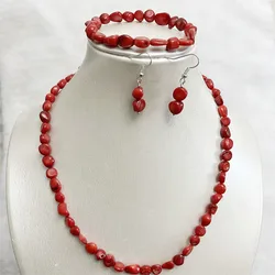 Irregular Nugget Red Coral Natural Stone Jewelry Set Bead Necklace Earrings Bracelet Chain Choker Trendy Simple Design Party