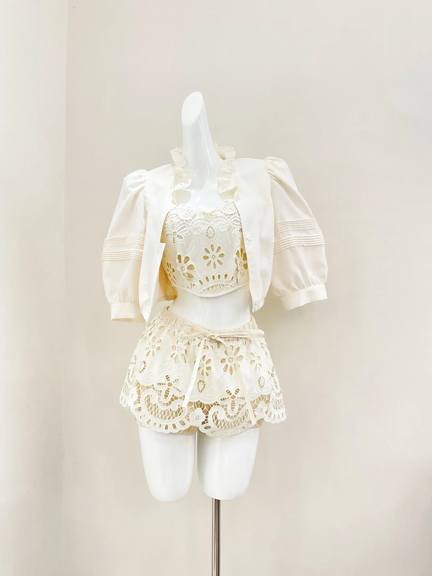 

Women Hollow Out Embroidery Three-Piece Suit 2025 New Strapless Camisole Tops + Elastic Waist Shorts + Ruffled Collar Shirt Set