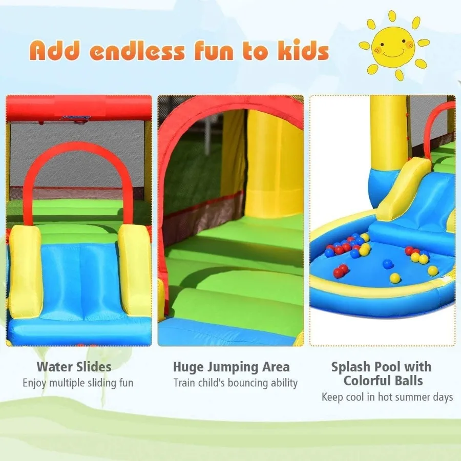 Tobogán acuático inflable 4 en 1, casa de rebote con tobogán, piscina contra salpicaduras, área de rebote grande, malla de poliéster, obstáculo interior y exterior Co