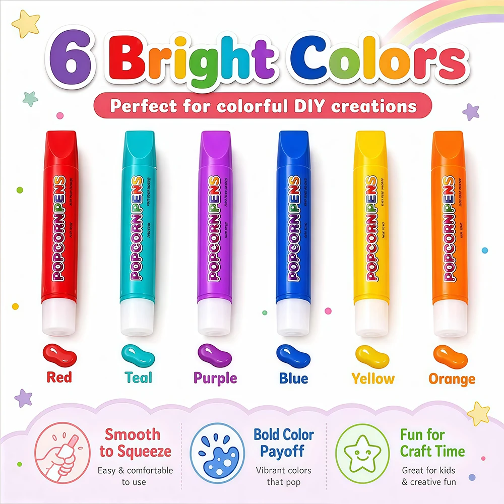 1-6 Boxes Popcorn Pens 3D Puffy Bubble Drawing Pen Kids DIY Craft Color Pen for Making Birthday Cards & School Drawing Projects