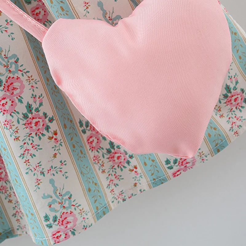 Summer New Pink Doll Neck Baby Girl Dress, Sweet Floral Children\'S Sleeveless Clothes+Love Bag (9 Months -3 Years Old)