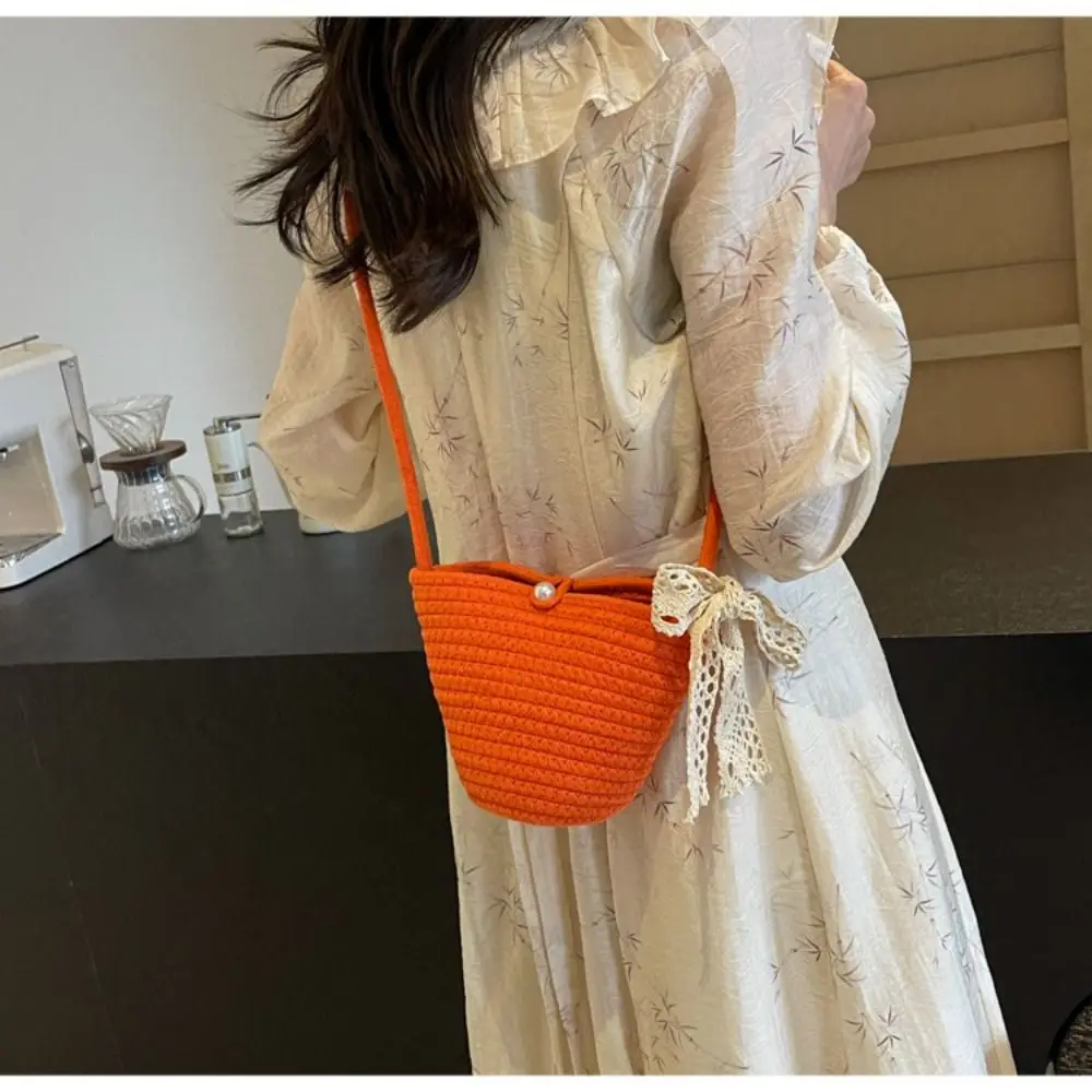 

Gifts Stripe Weave Straw Crossbody Bag Sweet French Style Bowknot Shoulder Bag Mommy Bag Cotton Rope Weave Bucket Bag Students