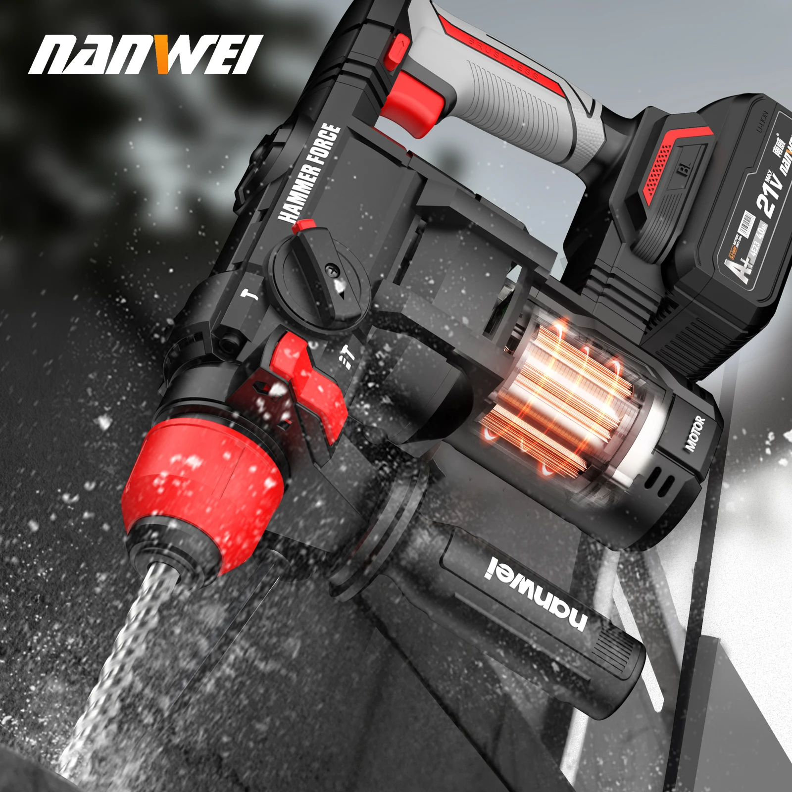 NANWEI  brushless rechargeable hammer lithium-ion impact drill concrete wireless heavy-duty electric hammer electric pick