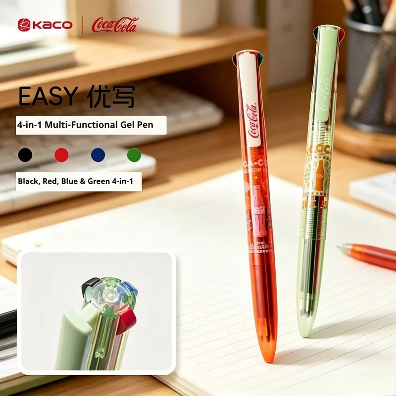 

KACO Coca-Cola Co-branded 4-in-1 Gel Pen Quick Dry Smooth Writing Student Office Stationery 0.5mm Black/Red/Blue/Green