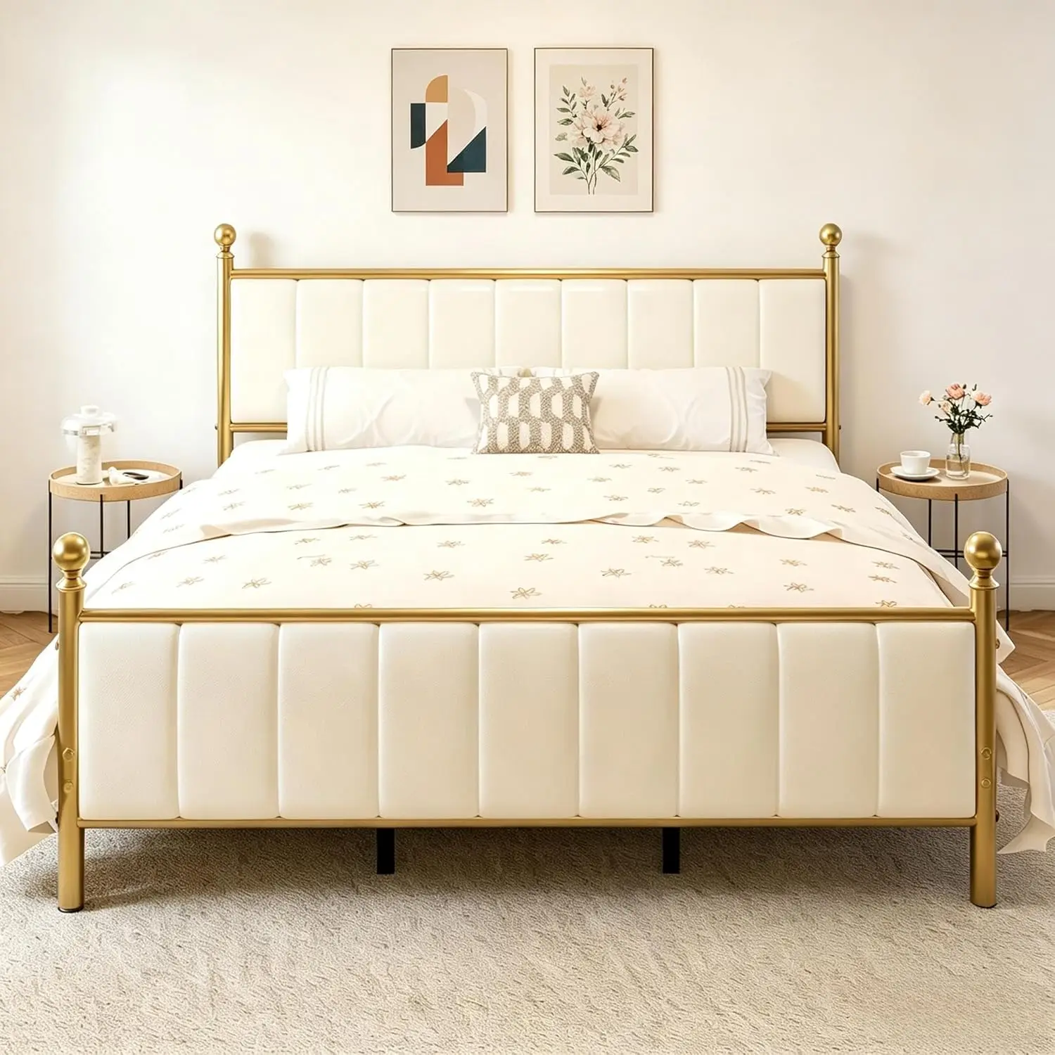 E-Ser King Size Bed Frame with Headboard, Upholstered Metal Platform Bed Frame King Supported by Strong Metal Slats, No Box Spri