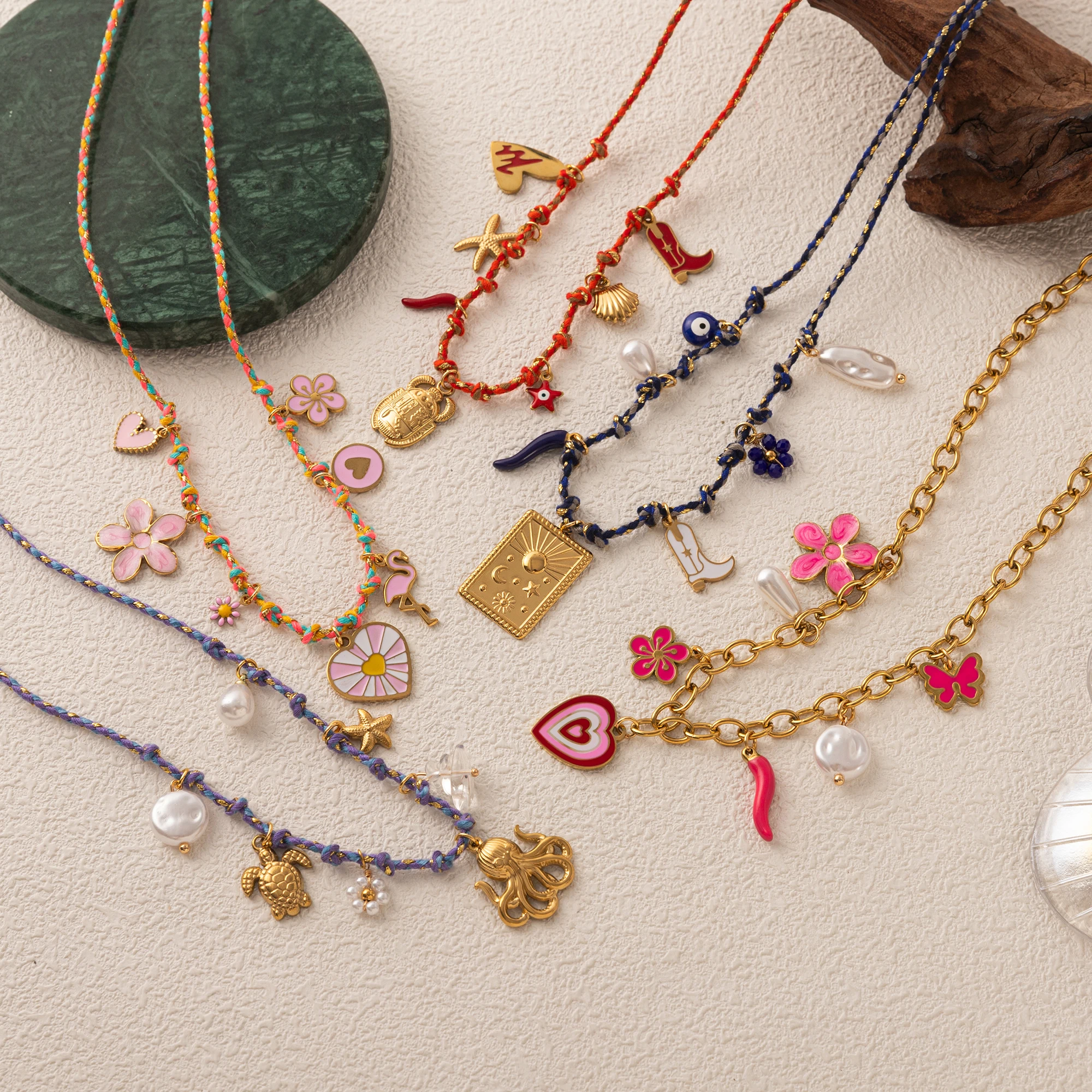 

Ocean style necklace women's colorful stainless steel drip oil love flower sun rope collarbone chain Necklaces for women