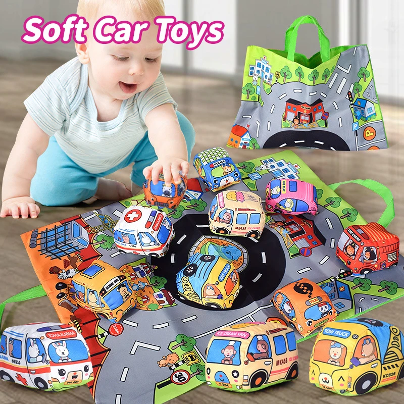 Ensemble de jouets de voiture souple pour bébés, avec tapis de jeu, 9 véhicules, éducation précoce, Interaction Parent-enfant, son et hochet en papier