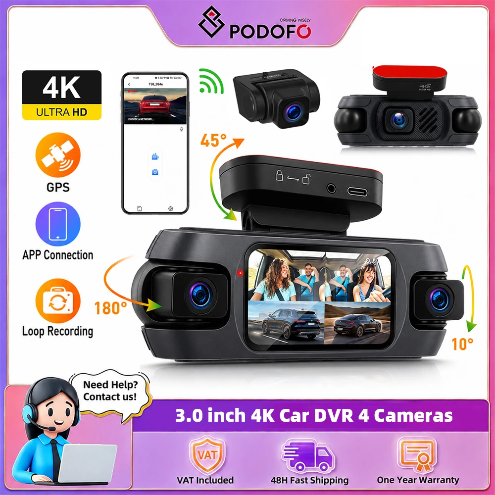 Podofo 3 Zoll Auto-DVR 1080P Auto-Blackbox 4 Kameras 4-Kanal Auto-Dashcam Schwerkraftsensor Autokamera 360-Grad-Fahrrekorder mit 1080P Kamera links, rechts und hinten ﻿
