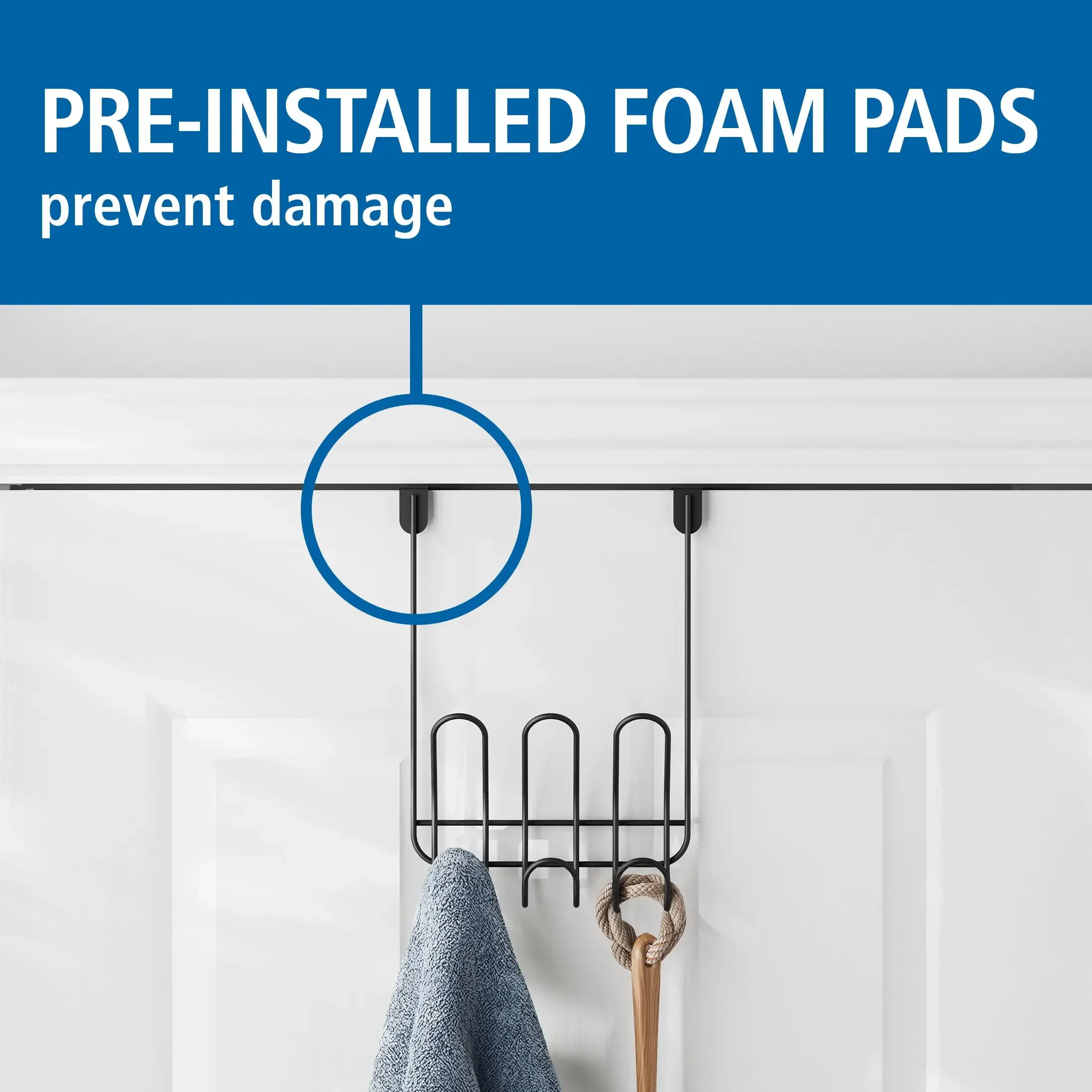 Rack suspenso sem perfuração sobre a porta com 3 ganchos de metal para toalhas e roupões, preto fosco