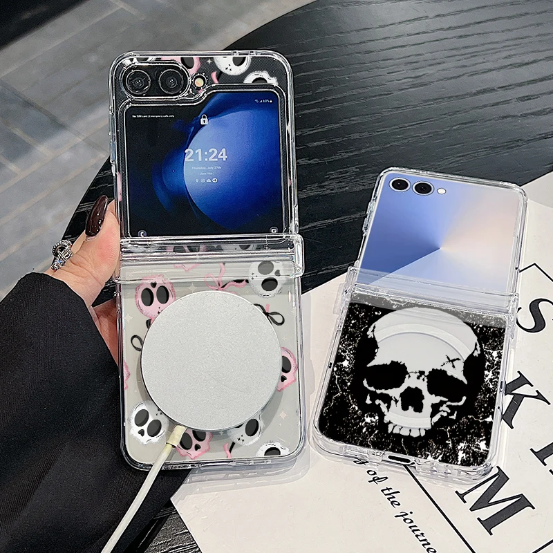 Creative Skull Pattern Magnetic Phone Case For Samsung Galaxy Z Flip 7 FE 7 6 5 4 Flip7 Flip6 Flip5 For Magsafe Hard Back Cover