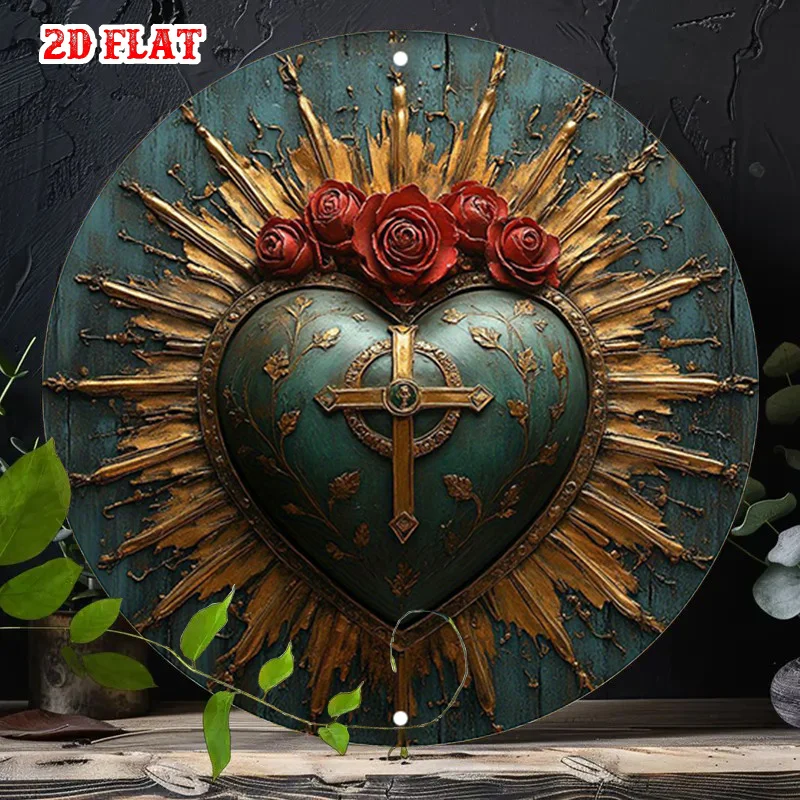 2D flach 1 religiös – Symbol rundes Holzschild, heilig – Herzschild – Rose Country Wandkunst, Kreuzwandkunst Dekoration