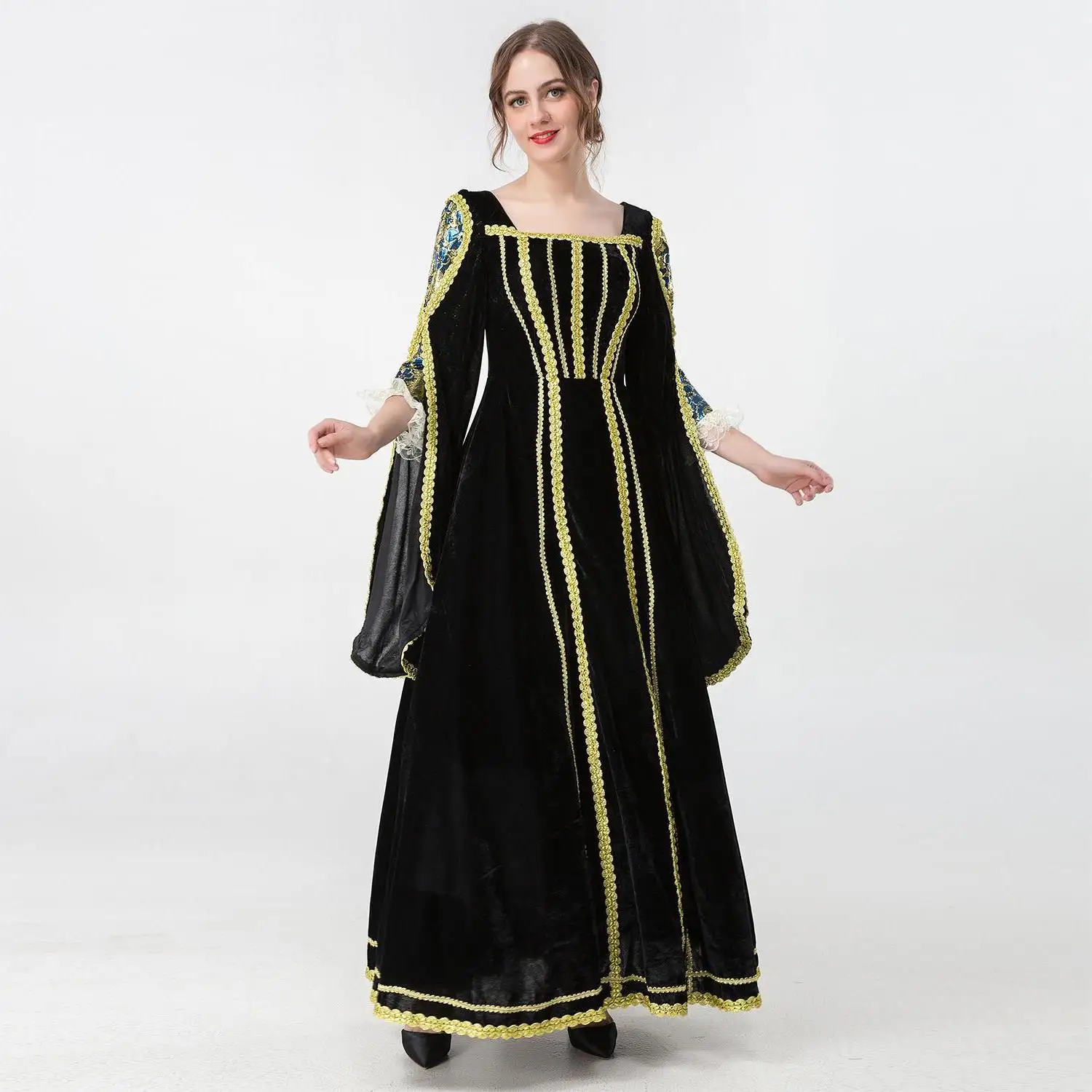 Ele Velvet Cinderella Dr for loween Medieval Birthday Par Host Queen of Court Bla Velvet Gown Polyester Material