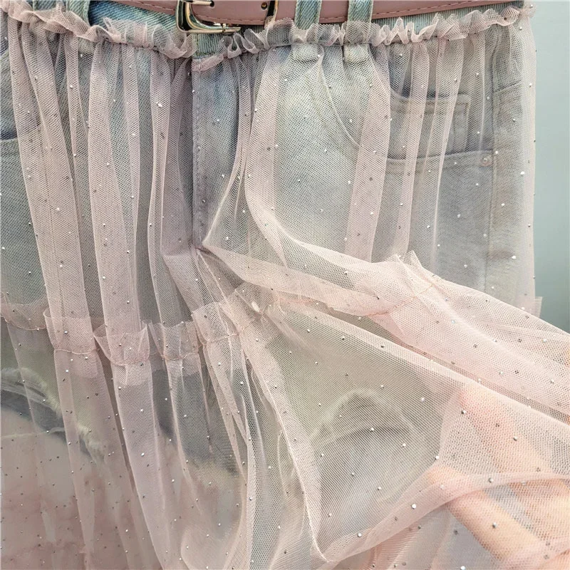 2025 Summer New Fashion Hot Diamond Mesh Skirt Splicing Denim Shorts For Women Versatile Mid Length Skirt Female 11A04633