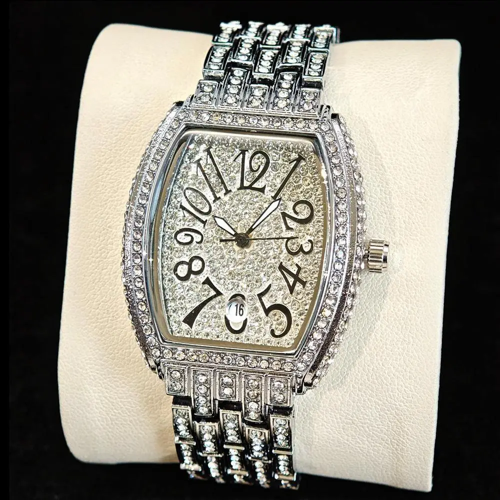 Hot Luxury Brand Women Watch Fashion Hip Hop Diamond Shiny Quartz Ladies Wristwatch With Calendar Tonneau Wristwatch Droshipping