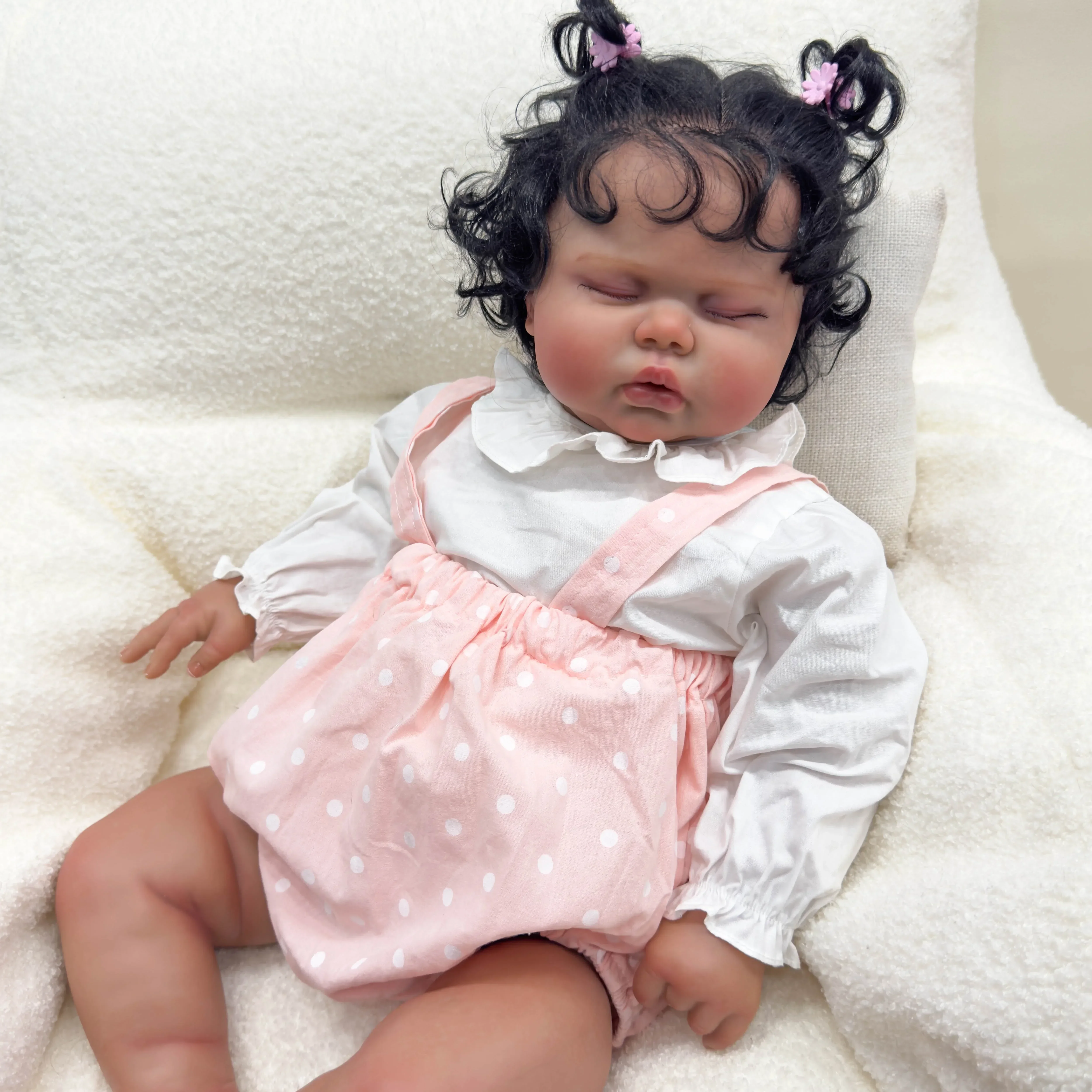 24Inch Pickle Sleeping Dark Skin Soft Cloth Body Lifelike Reborn Toddler Hand Rooted Hair Cuddly Baby Girl Doll  Baby