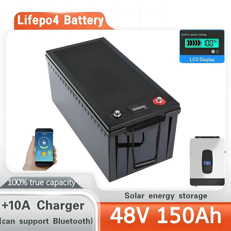 

Литиевая батарея lifepo4 48 В, 150 Ач с BMS для трехколесного велосипеда, инвертор тележки для гольфа, скутер для хранения солнечной энергии + зарядное устройство 10 А
