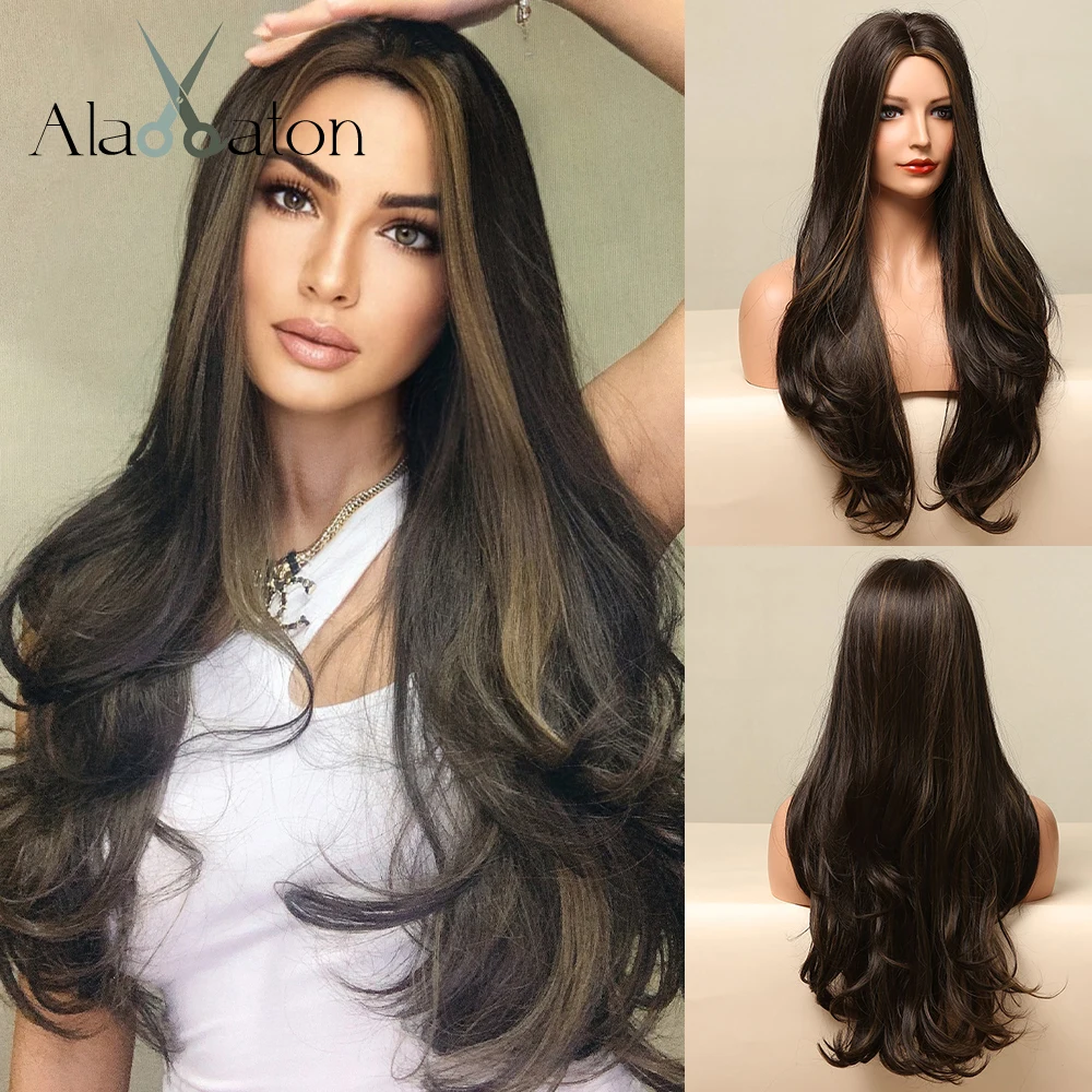 ALAN EATON Long Wave Dark Brown Synthetic Wigs for Black Women Middle Parted Wigs with Highlights Cosplay Hair Heat Resistant