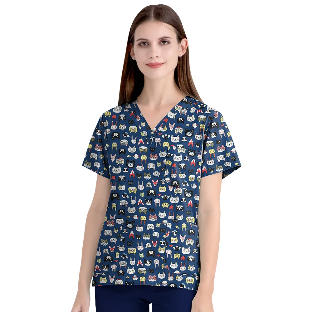 Impressão médica topos esfrega camisa hospital clínica dentária workwear roupas enfermeiras acessórios esfrega conjunto topos cirúrgicos