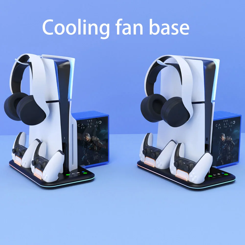 

Охлаждающая подставка для консоли PS5 Slim, подставка для зарядки контроллера с крючком для гарнитуры с RGB-подсветкой, игровой слот для PS5 Slim Disc и Digital