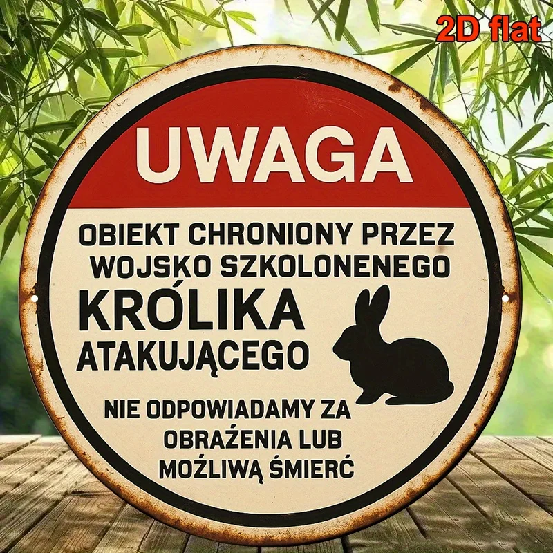 مسطح ثنائي الأبعاد، قطعة واحدة من علامة تحذير اللغة البولندية المستديرة مقاس 8 بوصات - "أرنب الهجوم المدرب" (UWAGA: Atakujacy Krolik) مع الألمانية