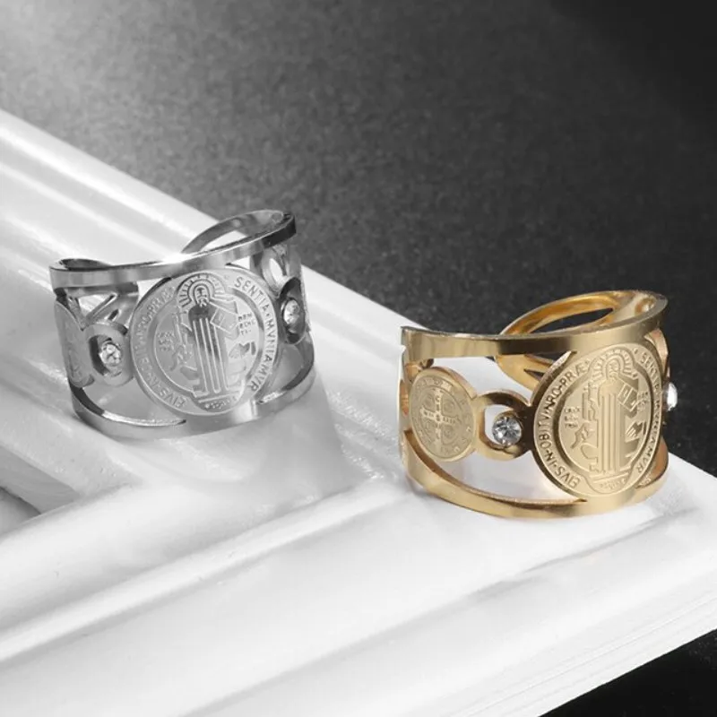 خاتم طارد الأرواح الشريرة الكاثوليكية من الفولاذ المقاوم للصدأ للرجال والنساء ، حجم قابل للتعديل ، مجوهرات الصلاة الدينية ، القديس بنديكت ، مسيحي #1