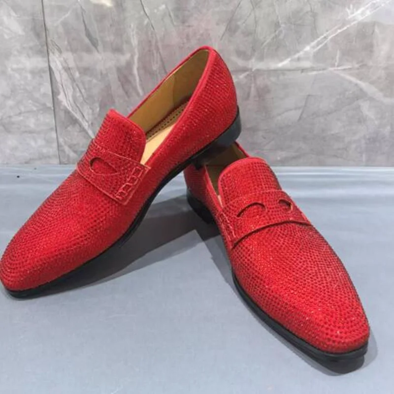 

Red Crystal Men Loafers Round Toe Slip On Rhinestone Embellished Flat Mens Outside Evening Party Male Footwear